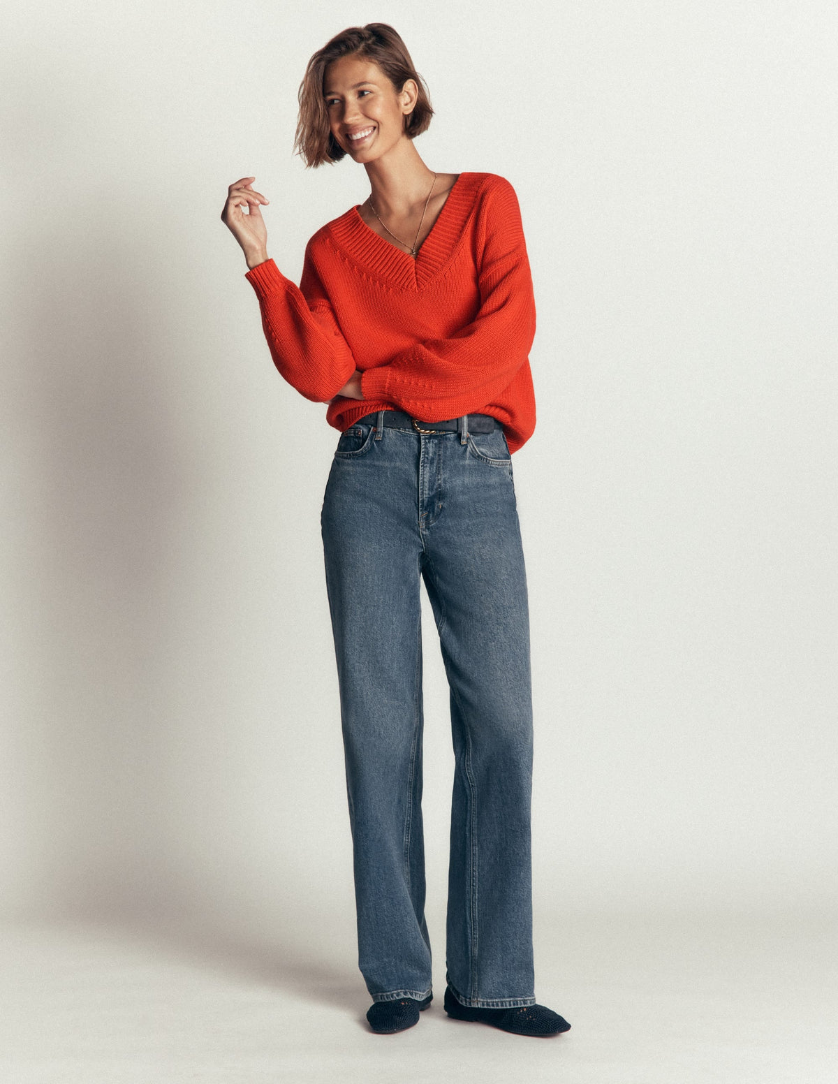 Lucy Cotton V-neck Sweater-Sunset Orange