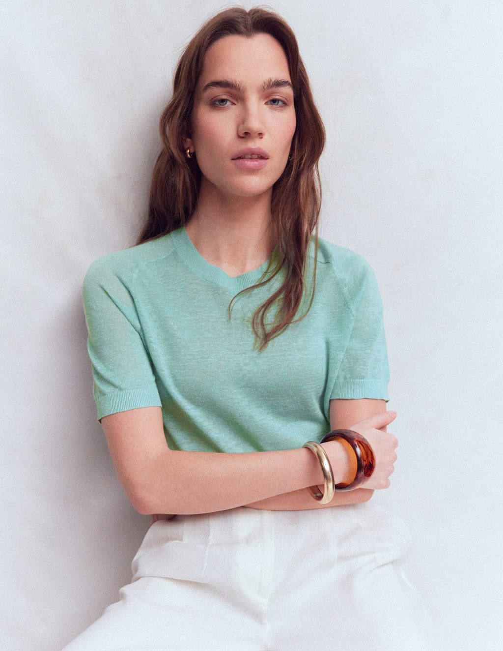 Agnes Linen Button T-Shirt-Seamist Blue