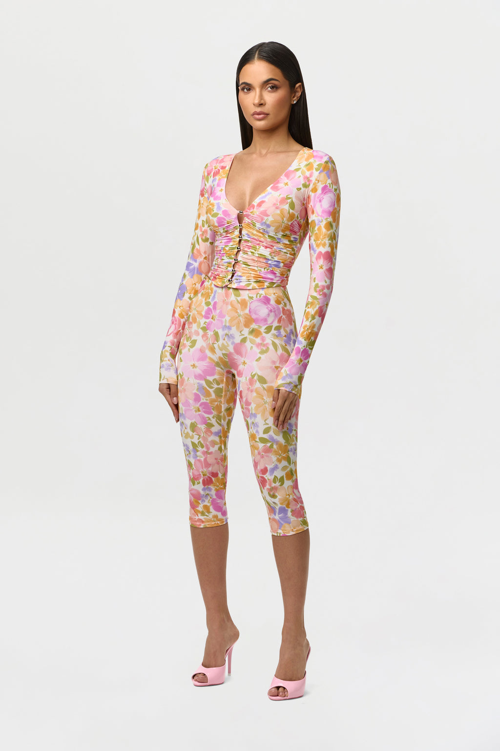 Naked Print Ruched Button Up Top