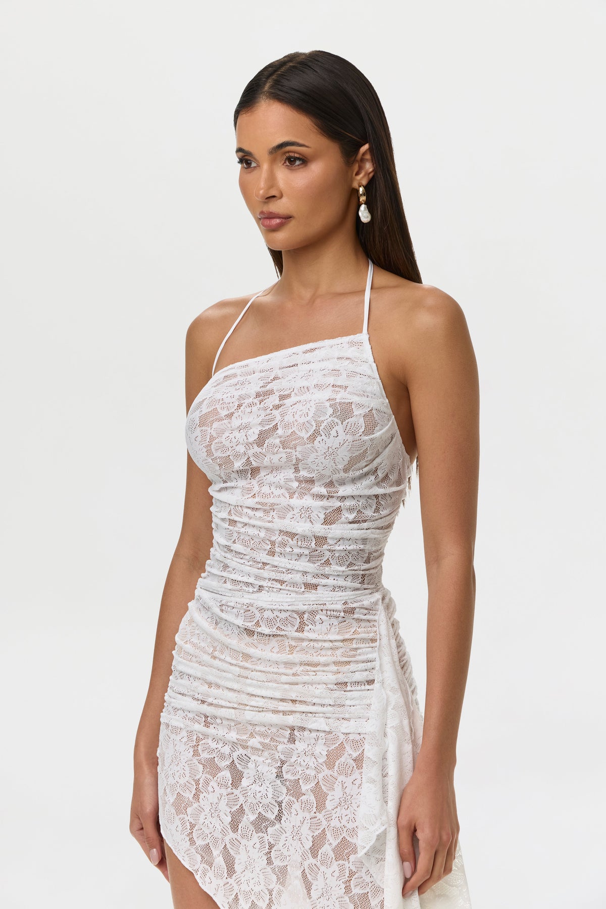 Stretch Lace Asymmetric Halter Top