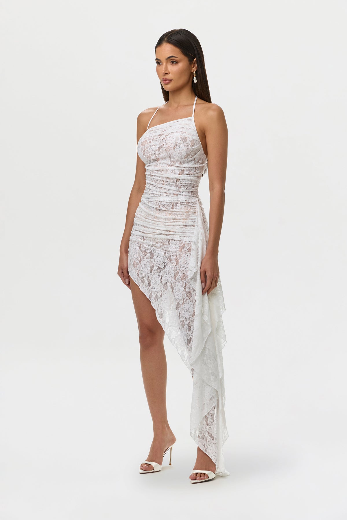 Stretch Lace Asymmetric Halter Top