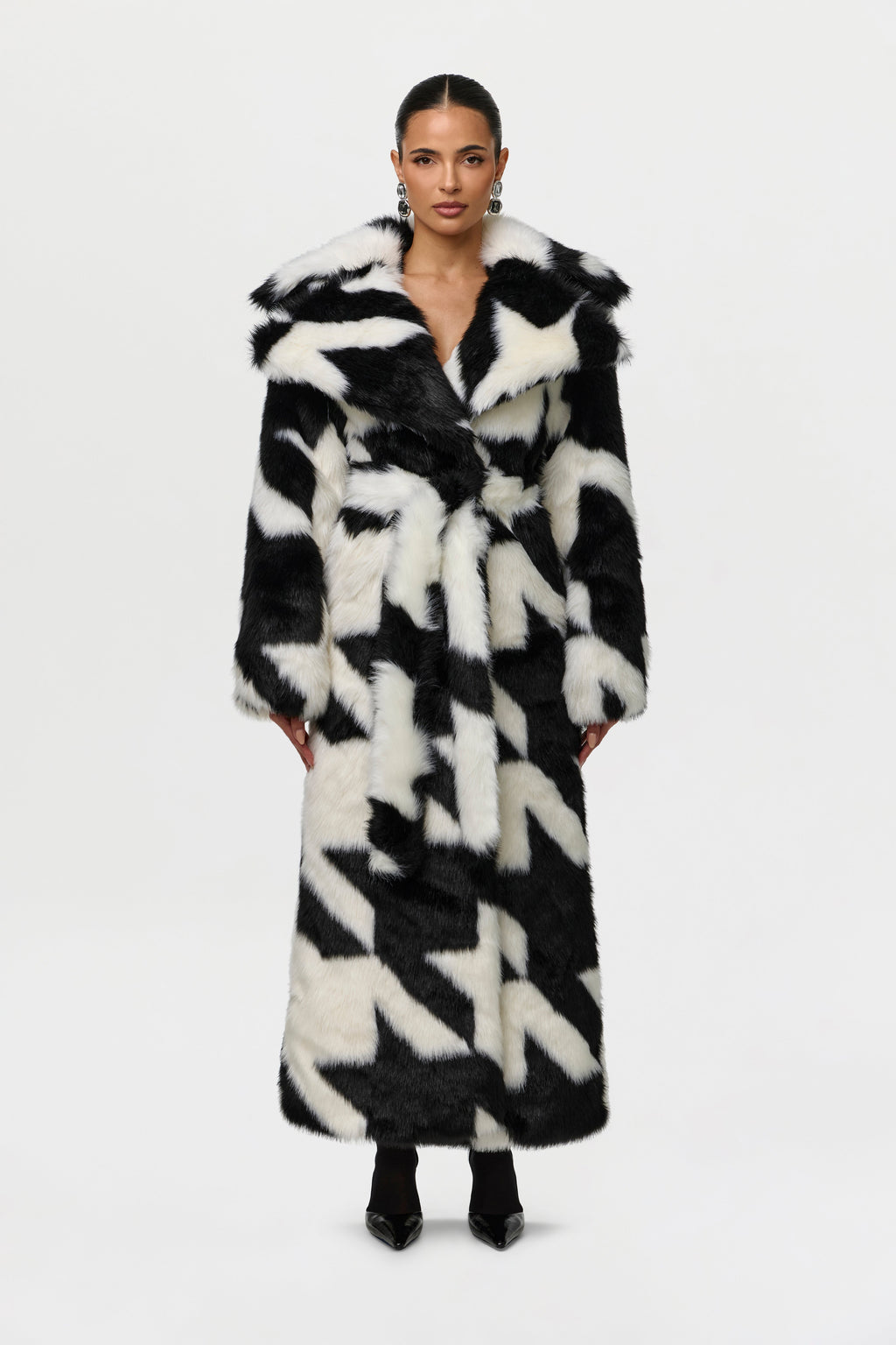 Faux Fur Houndstooth Coat