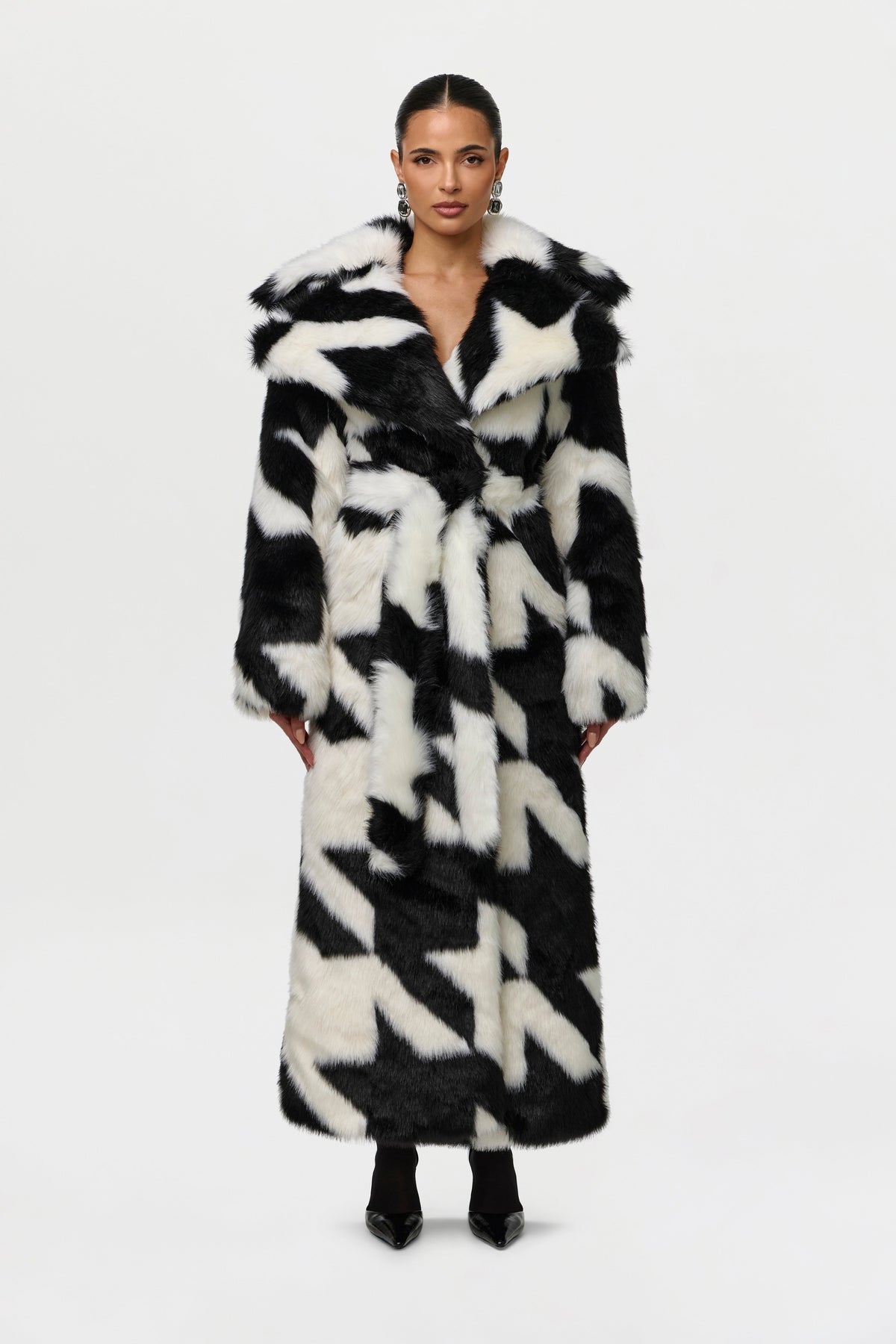 Faux Fur Houndstooth Coat