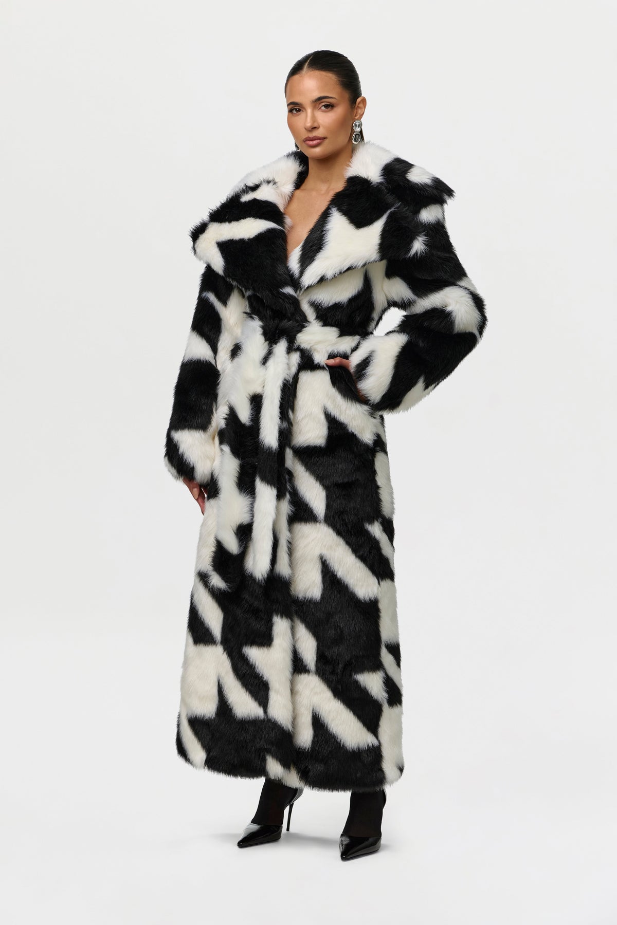 Faux Fur Houndstooth Coat