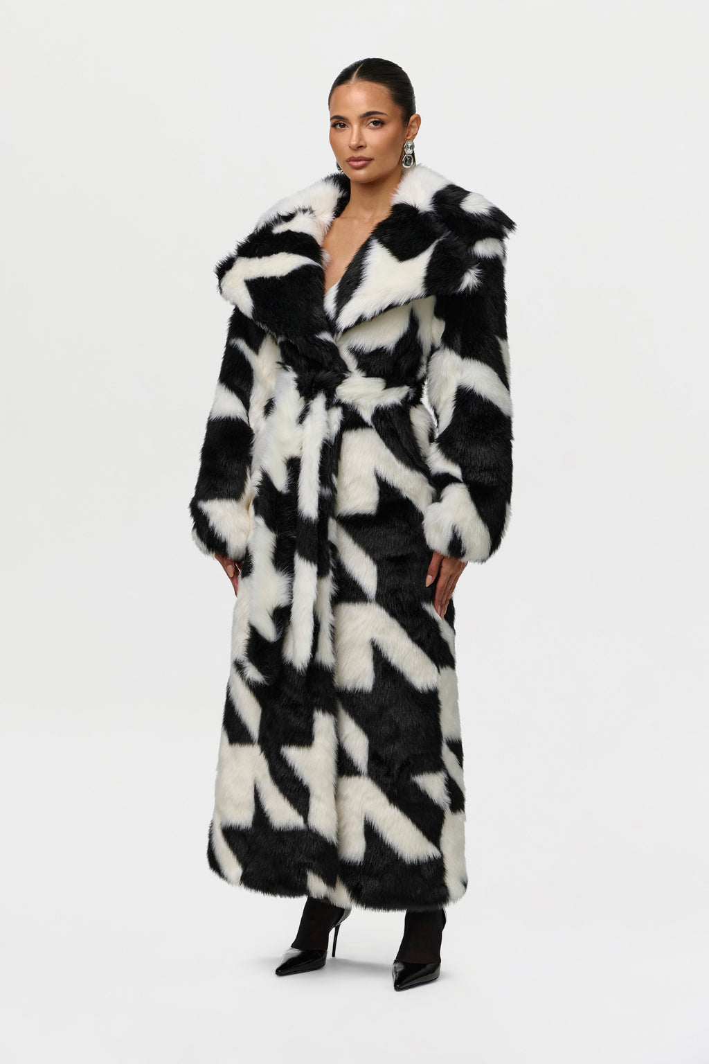 Faux Fur Houndstooth Coat